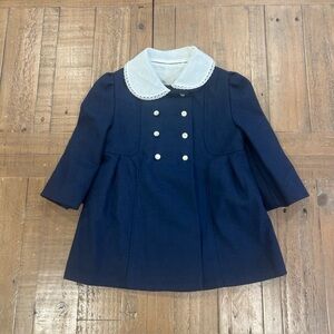 Vintage 1960s F.W. Fischer Designs Navy Wool Girls Coat with Lace Collar buttons